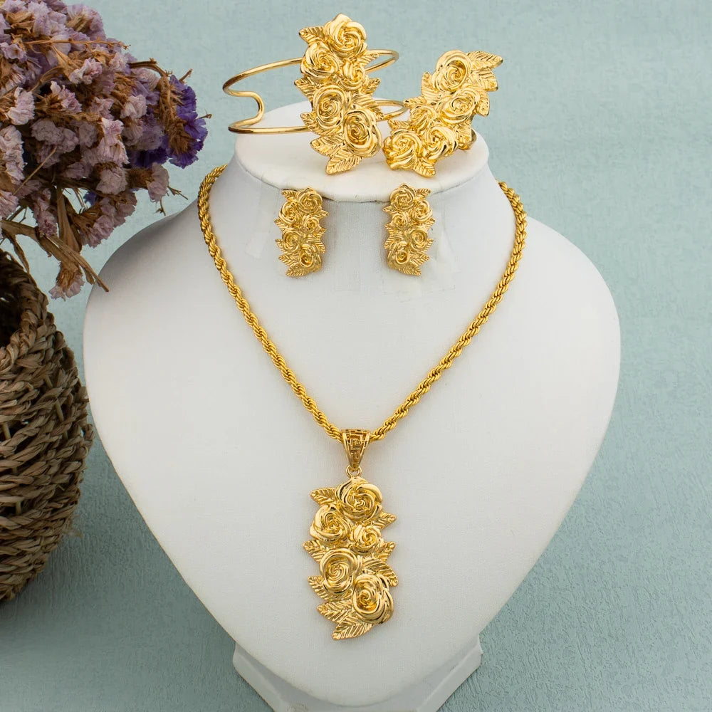 New Arrivals Gold Color Jewelry Sets For Women Fashion Earrings Necklace Italy Bangle Ring Flower Pendant Bride Wedding Party