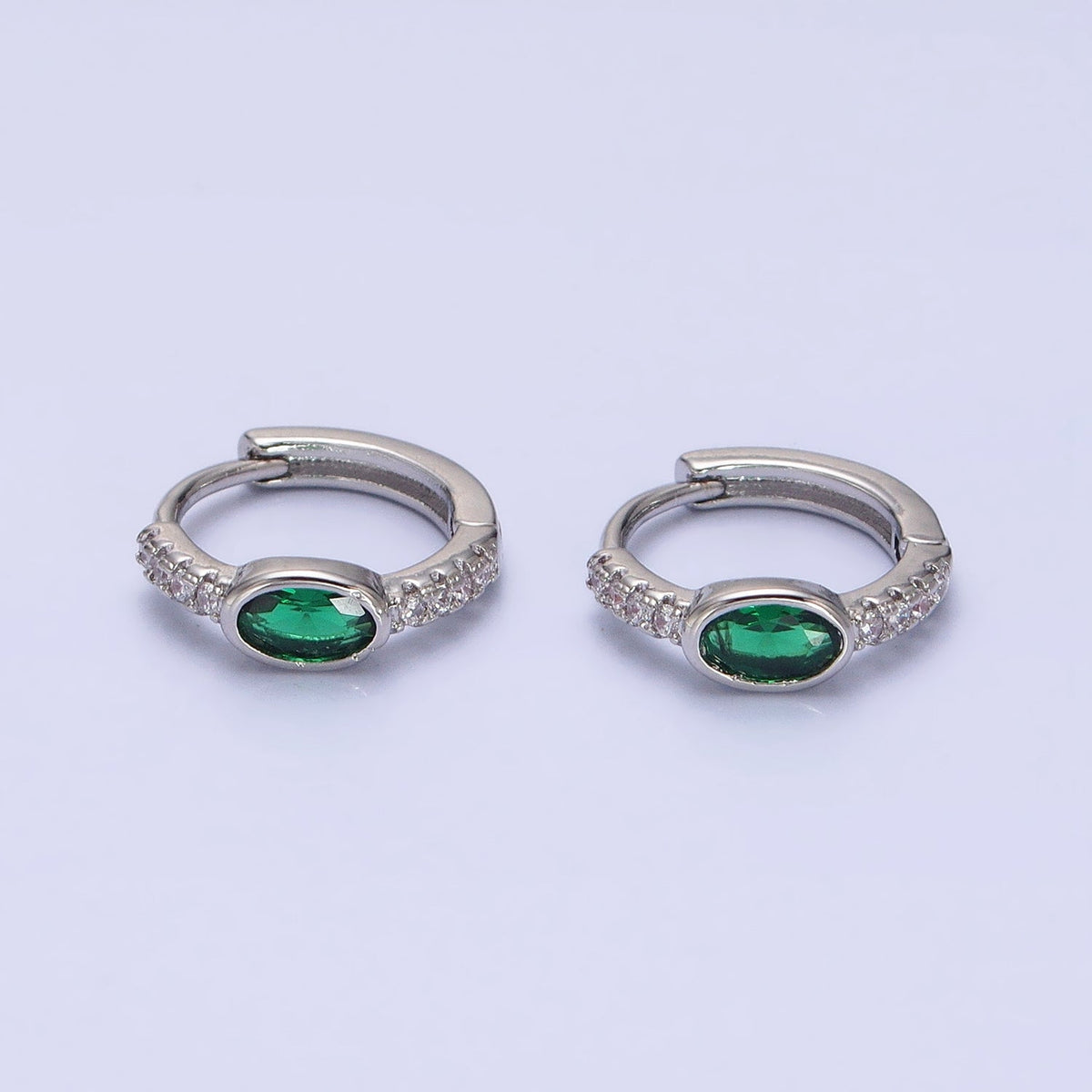 16K Gold Filled Emerald Green Oval Micro Paved CZ 13mm Huggie Earring in Gold & Silver | AD865 AD866