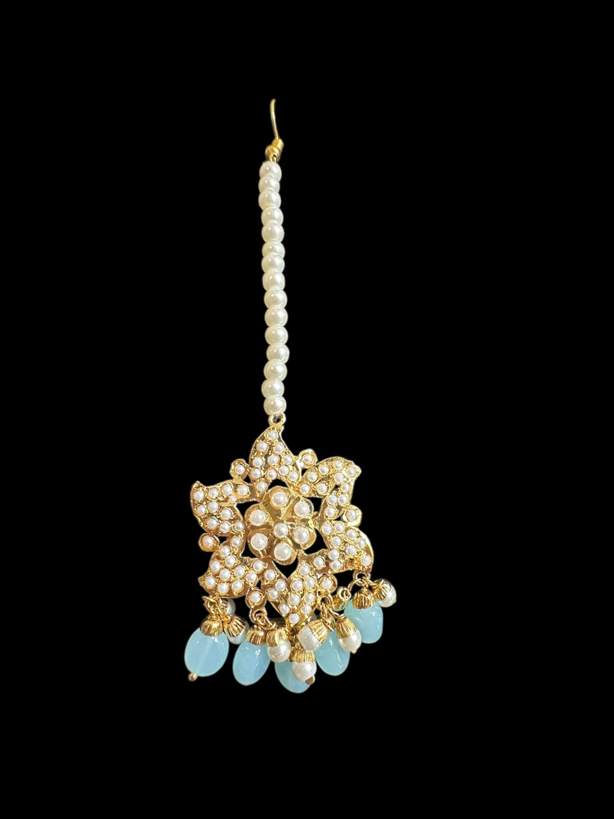 DJET64 Iza Jadau tops and tika set in pearls with mint blue beads ( READY TO SHIP )