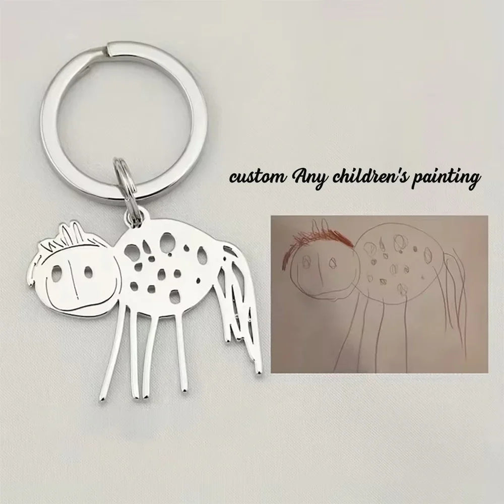 Custom Stainless Steel Children Drawing Pendant Keychain Kids Artwork Personalized Photo Logo Keyring Key Chains Jewelry Gifts
