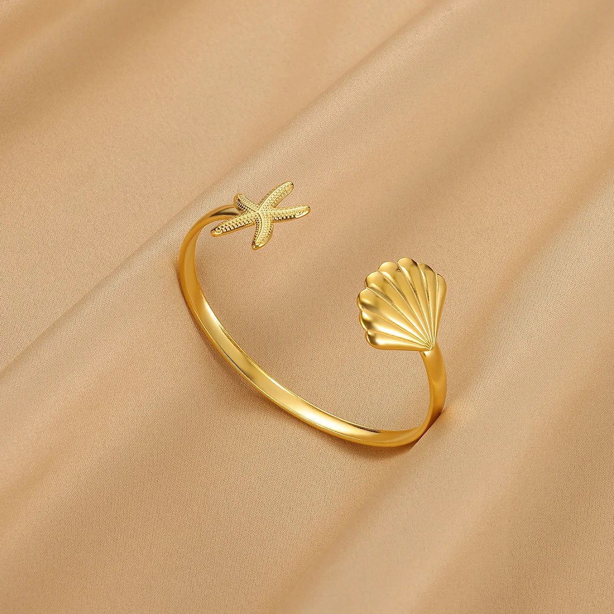 Summer Waterproof Cuff Bangles Bracelet For Women Cute Flower Double Layer Open Stainless Steel Gold Color Star Shell Jewelry