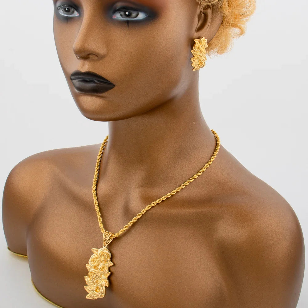 New Arrivals Gold Color Jewelry Sets For Women Fashion Earrings Necklace Italy Bangle Ring Flower Pendant Bride Wedding Party