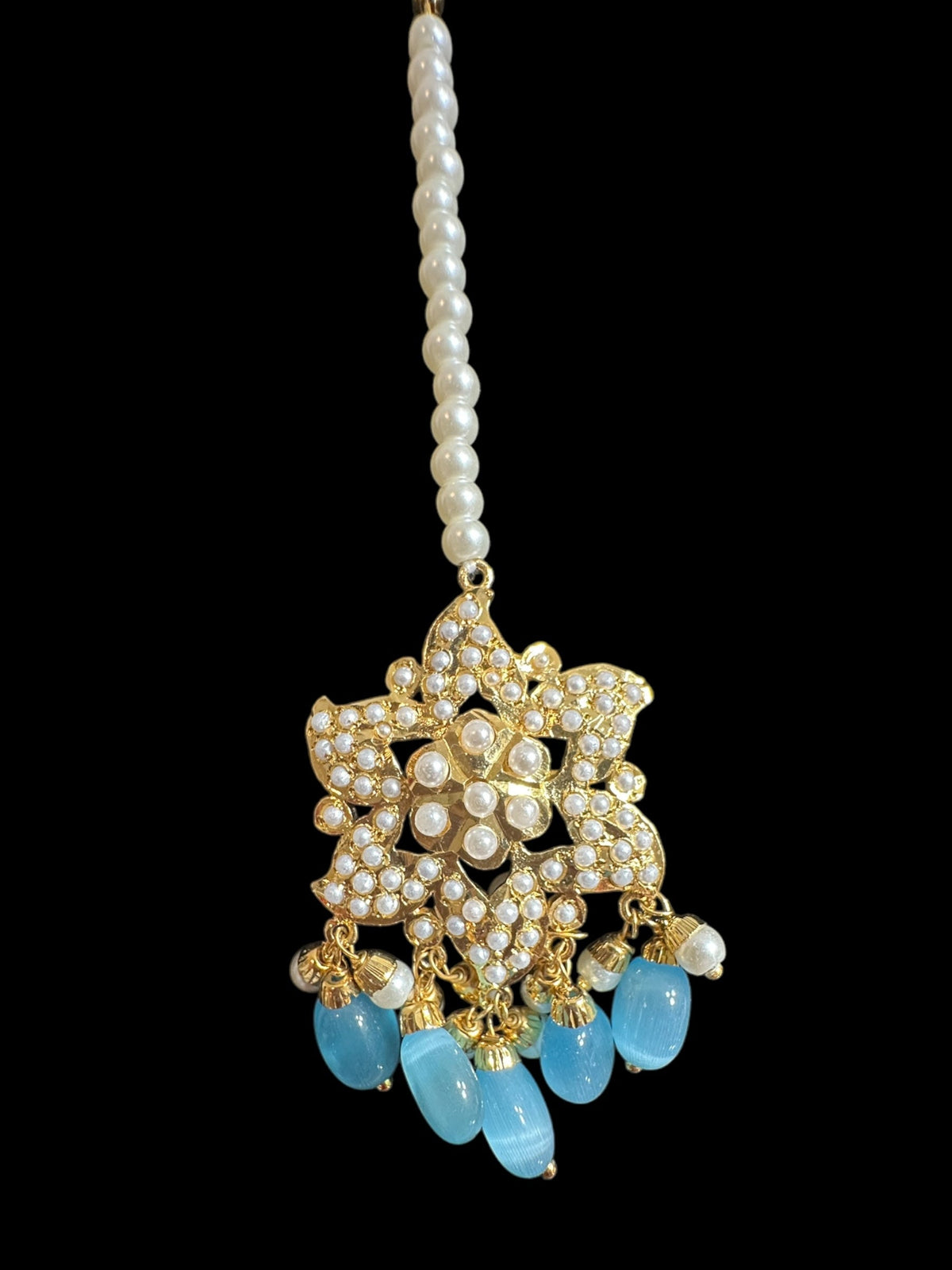 DJET65 Iza Jadau tops and tika set in pearls with turquoise blue beads ( READY TO SHIP )