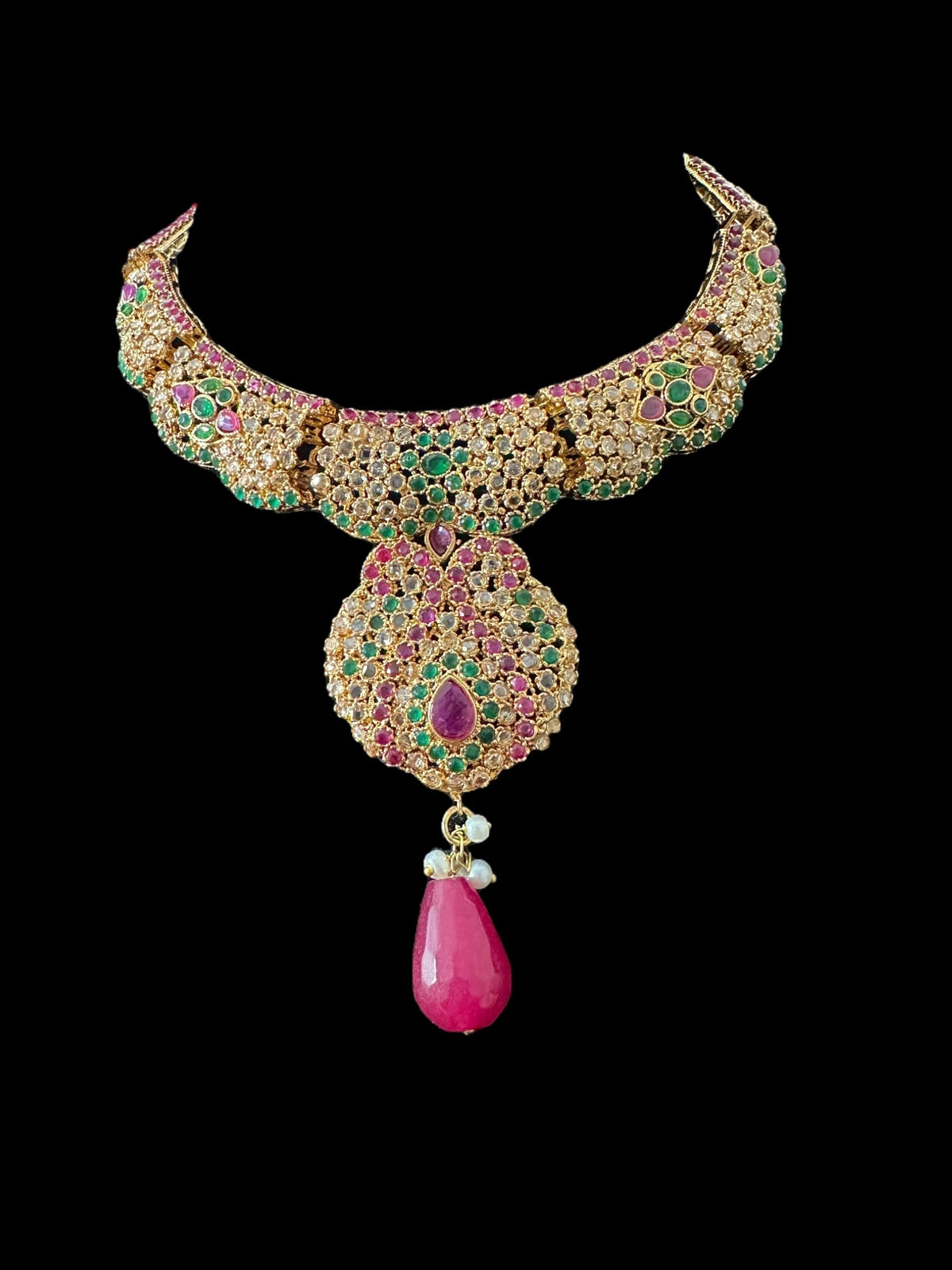 BR463  Deepa multicolor bridal cz necklace set with jhoomar tika ( READY TO SHIP )