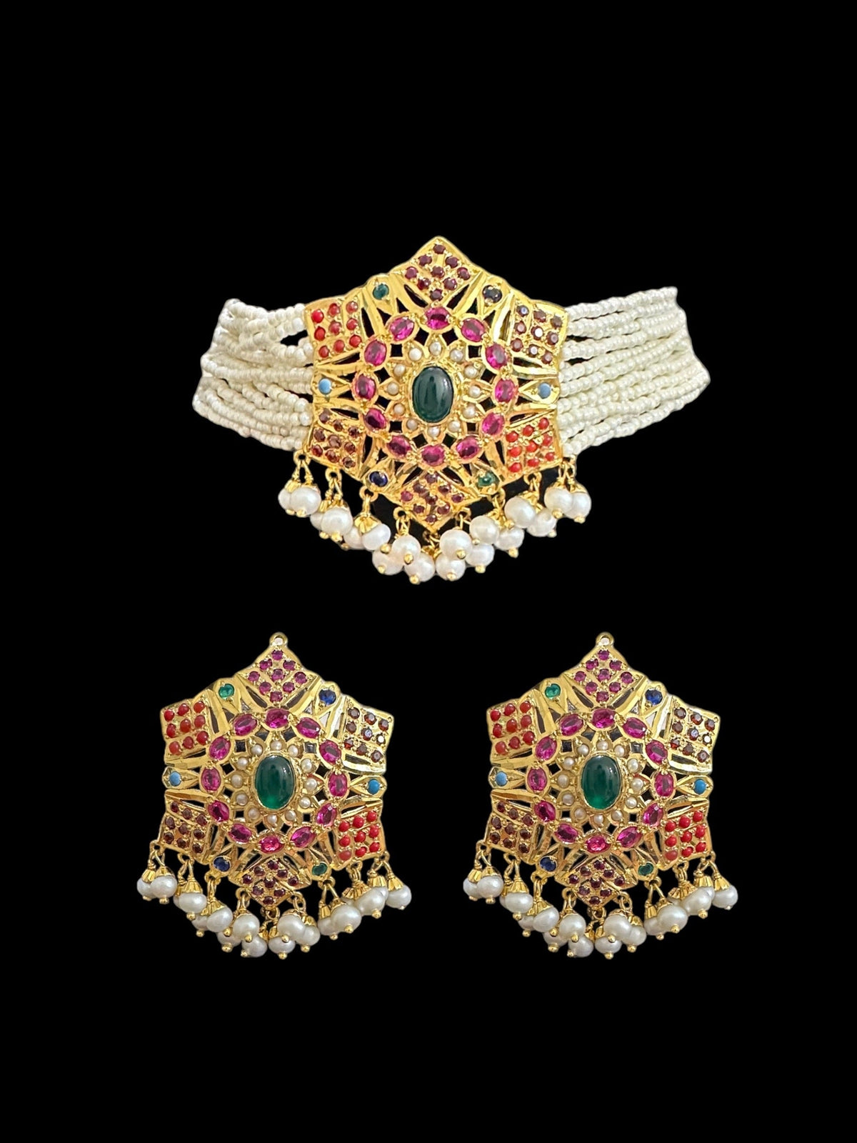 Gold plated silver choker set  in Navratan ( SHIPS IN 5 WEEKS )