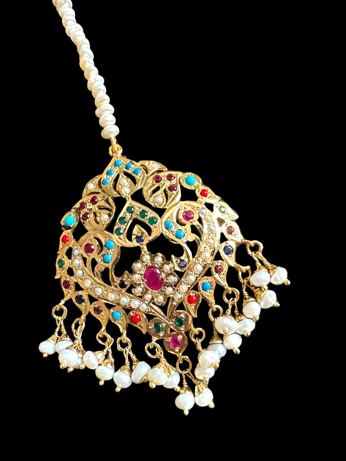 ESMA Navratan tika in silver with fresh water pearls - gold plated ( SHIPS IN 5 WEEKS  )