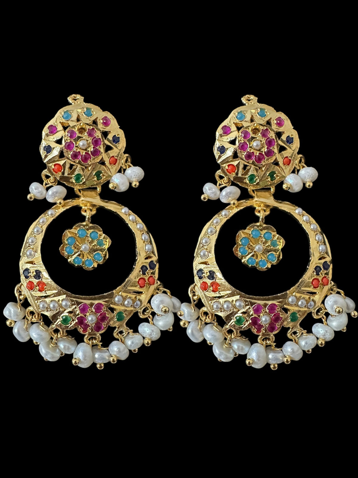 DNS195  Navratan jadau necklace set in fresh water pearls  ( READY TO SHIP )