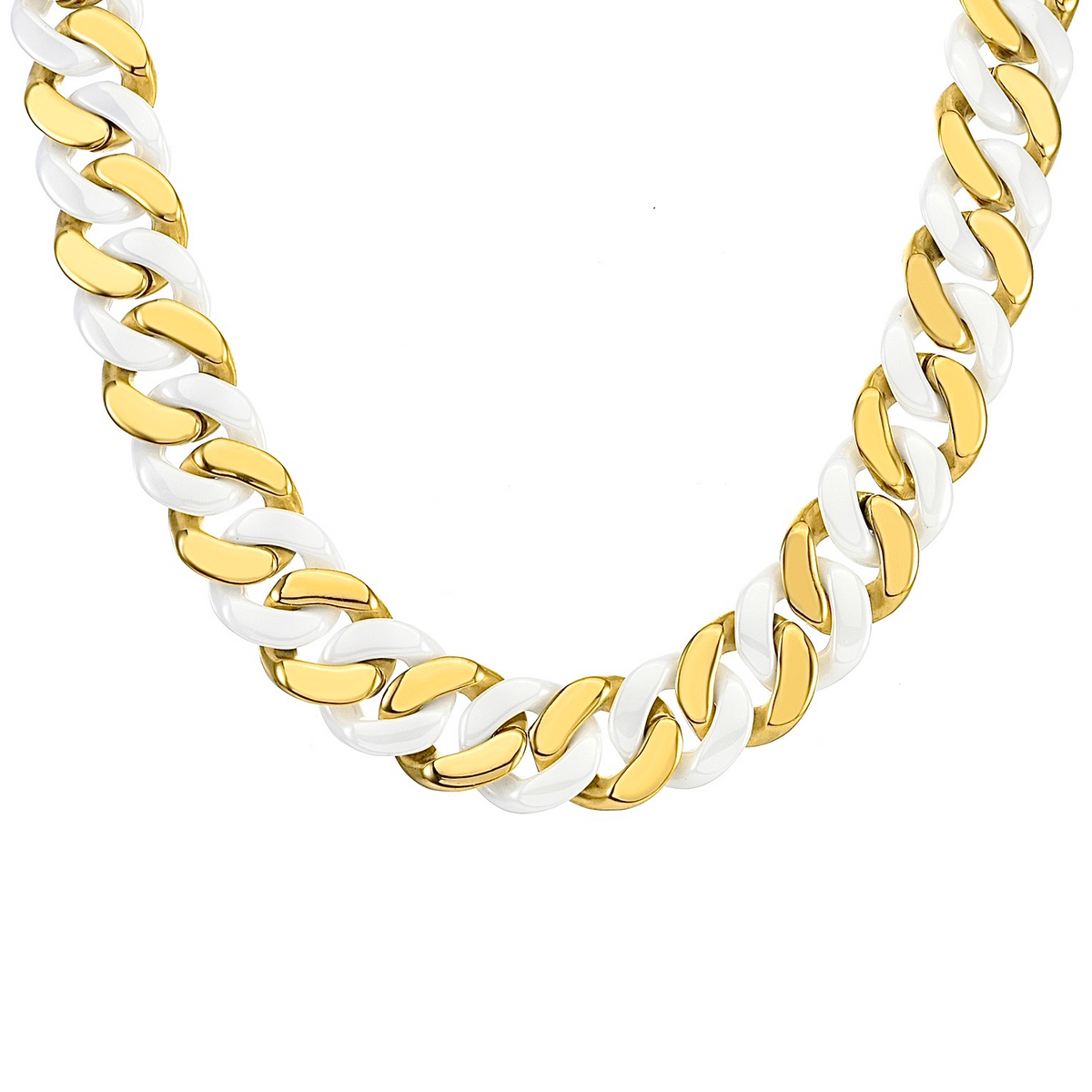 C160GW B.Tiff 2-Tone Gold Plated White Ceramic Flat Cuban Link Necklace/ 16mm