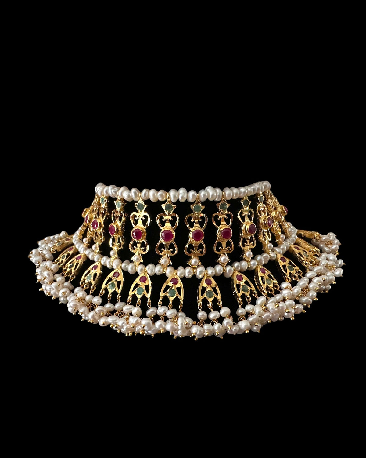 Viya bridal set in natural pearls , rubies and emeralds ( READY TO SHIP)
