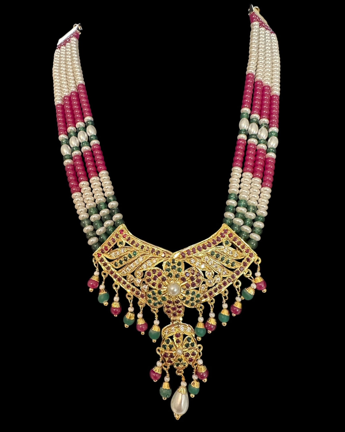 DNS207 Jadau necklace with earrings in ruby emerald zircon and real pearls ( READY TO SHIP )
