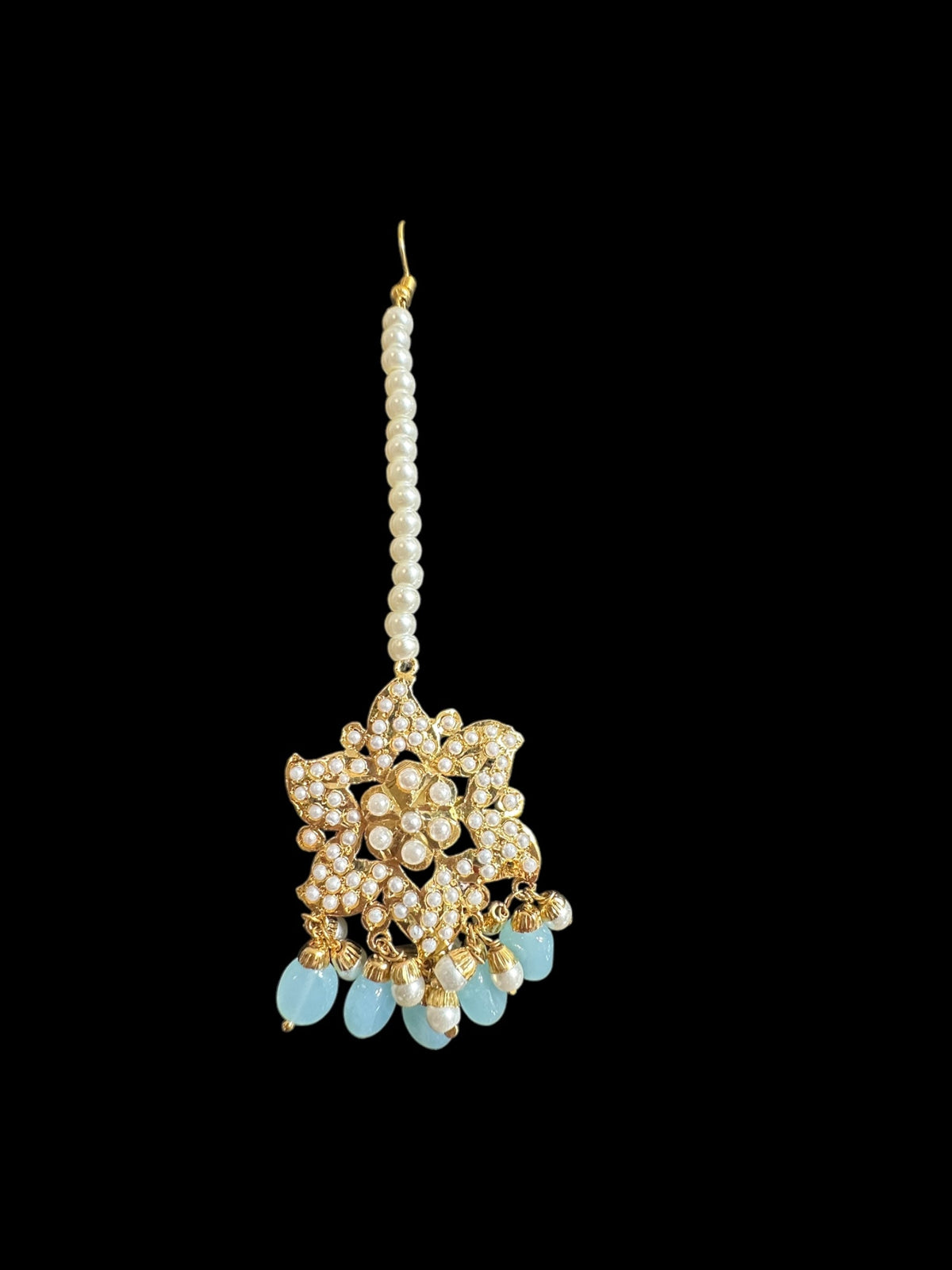 DJET64 Iza Jadau tops and tika set in pearls with mint blue beads ( READY TO SHIP )