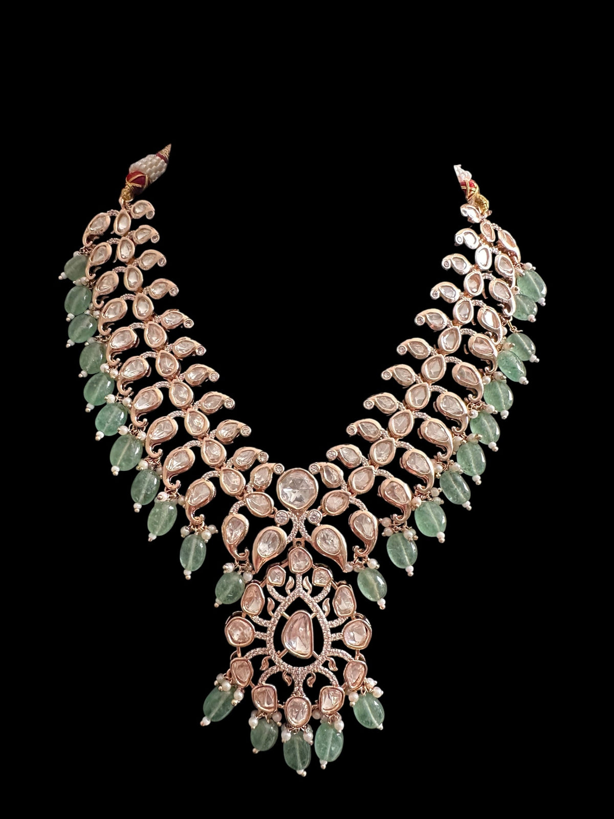 DNS206 Alayna Polki Necklace earrings tika set - light green beads with pearls ( READY TO SHIP )