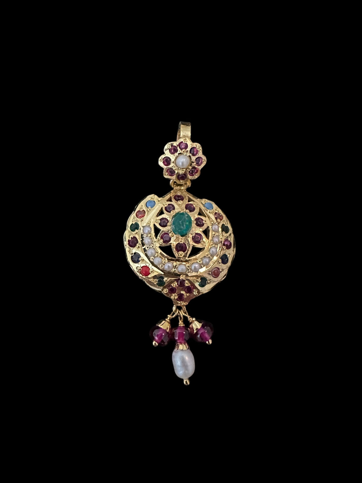 Gold plated pendant set in silver - Navratan ( READY TO SHIP )