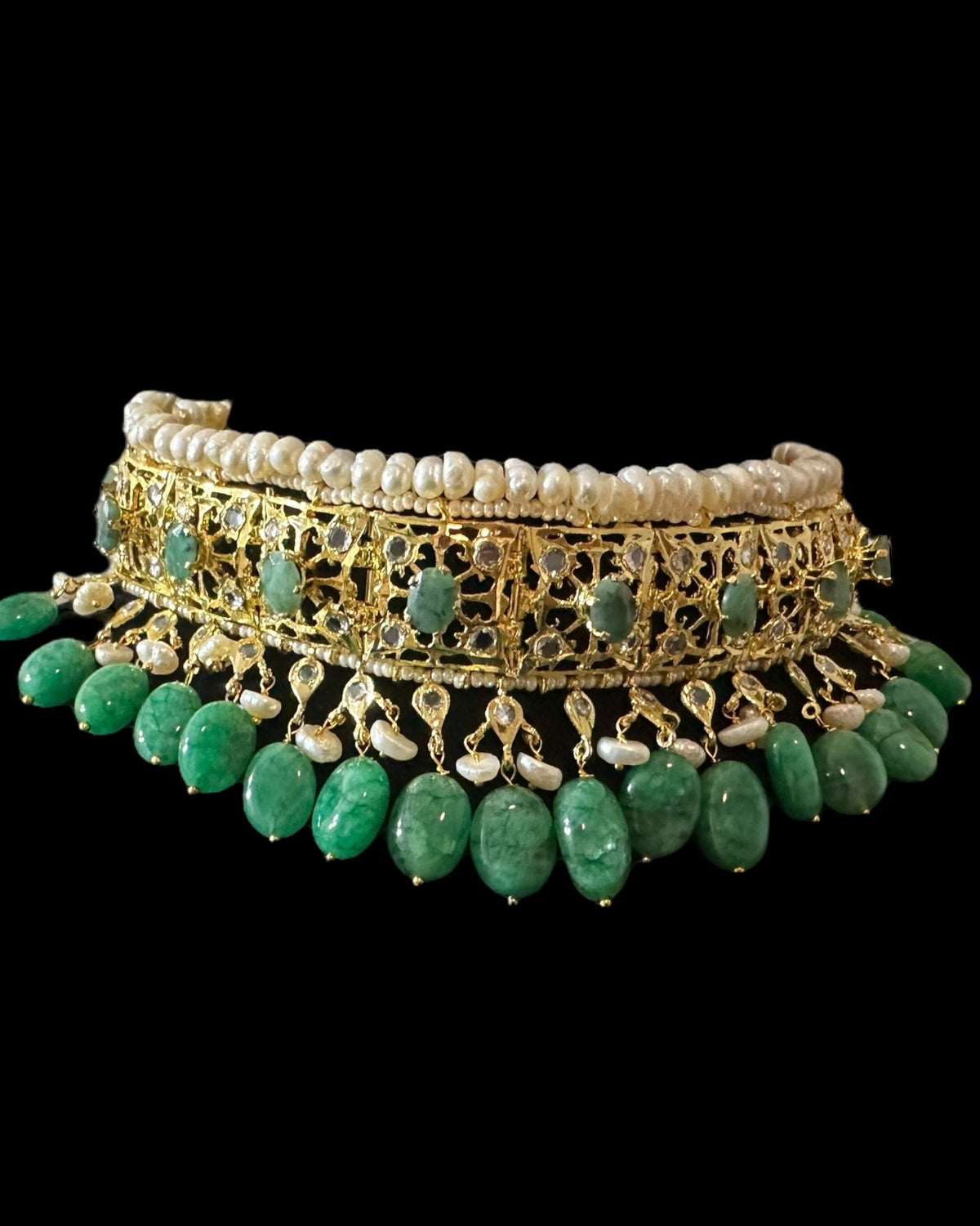 BR482 Insia Hyderabadi bridal set in emeralds with fresh water pearls ( READY TO SHIP )