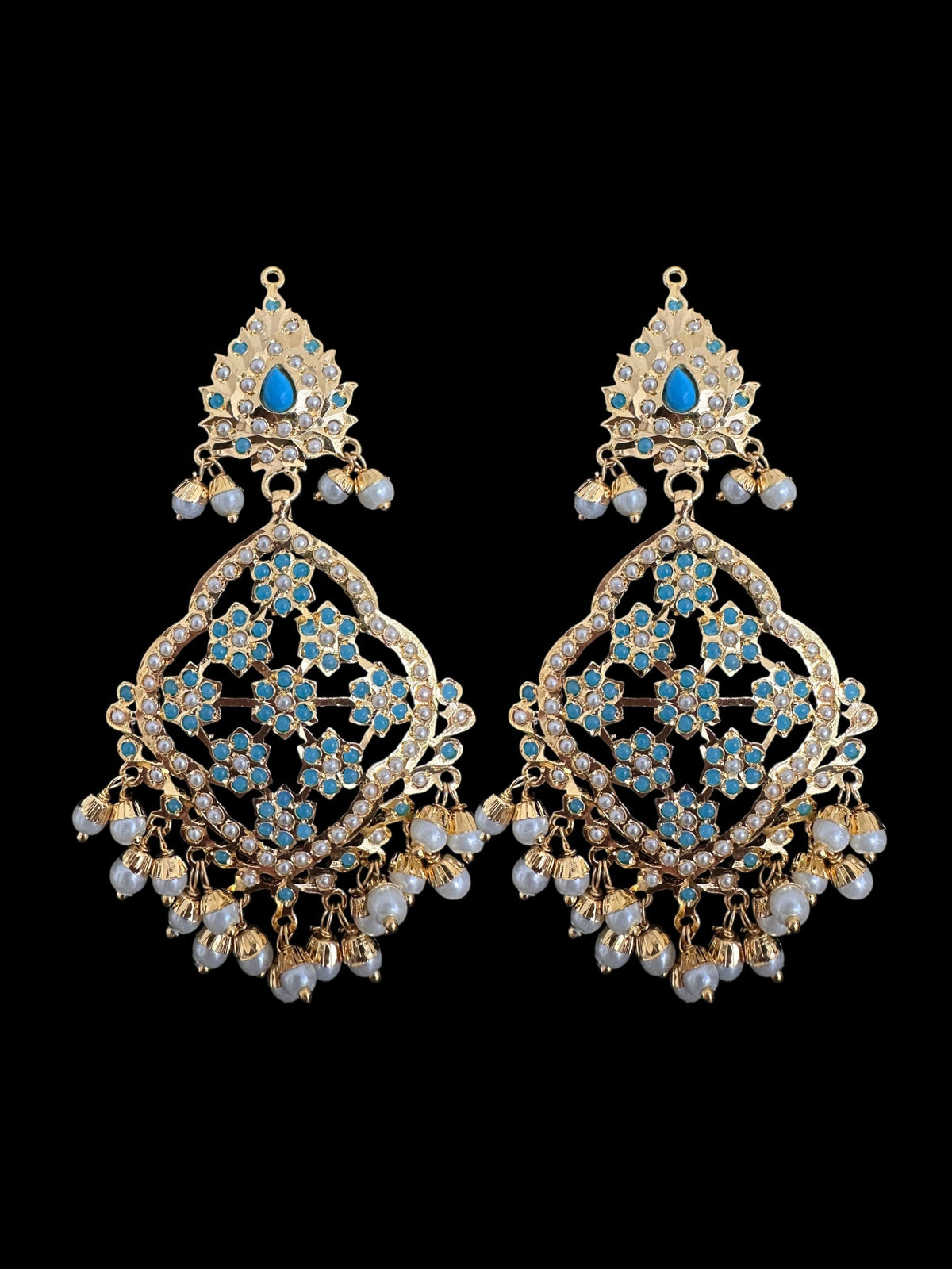 DJET91 Mehru Jadau chandbali earrings tika in turquoise/feroza pearls ( READY TO SHIP )