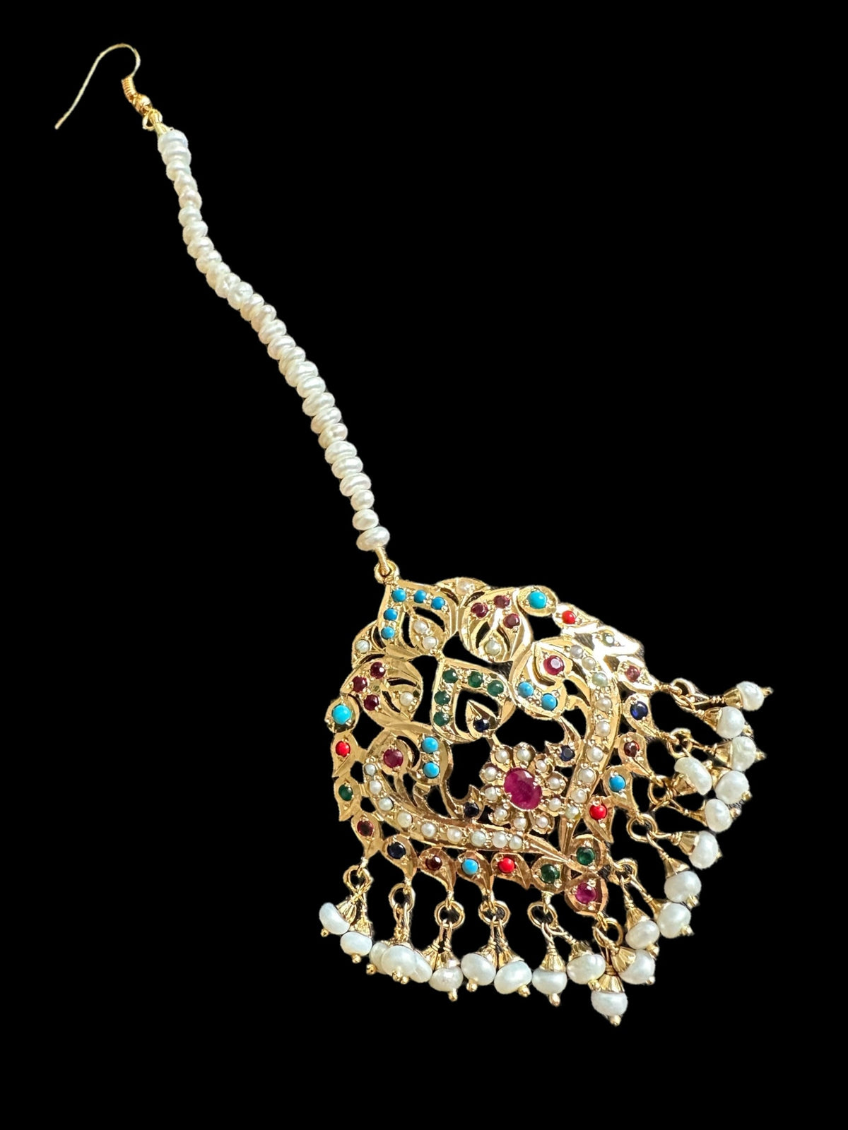 ESMA Navratan tika in silver with fresh water pearls - gold plated ( SHIPS IN 5 WEEKS  )