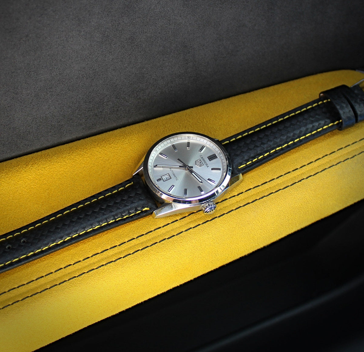 Carbon Fiber Yellow Stitched Leather Watch Strap 20mm