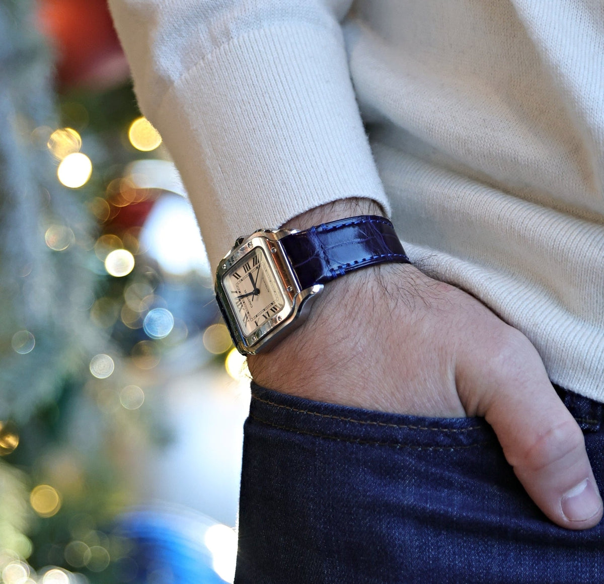 Midnight Blue Crocodile Leather Watch Strap For Cartier Santos
