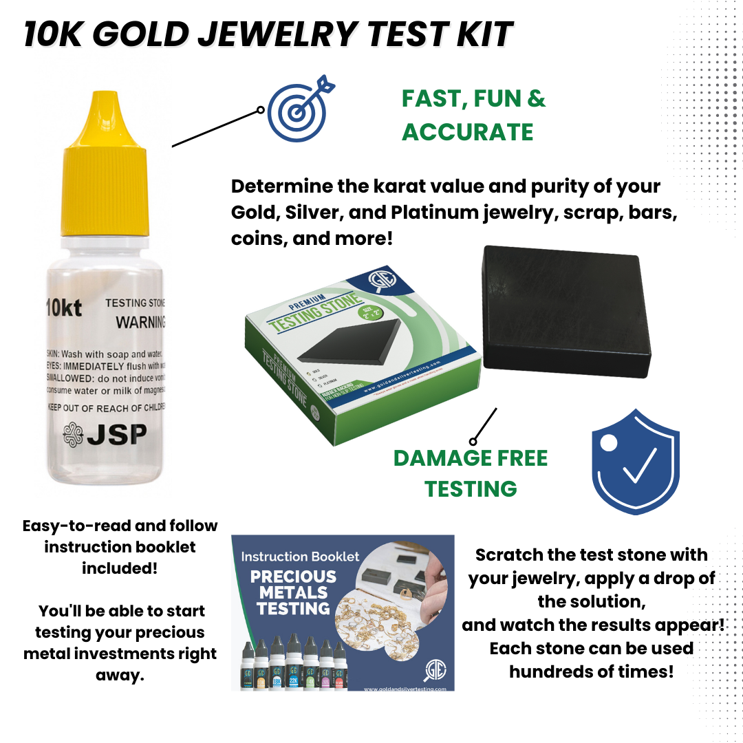 JSP 10K Gold Jewelry Acid Test Kit for Bars Coins Precious Metals w/ GTE Test Stone