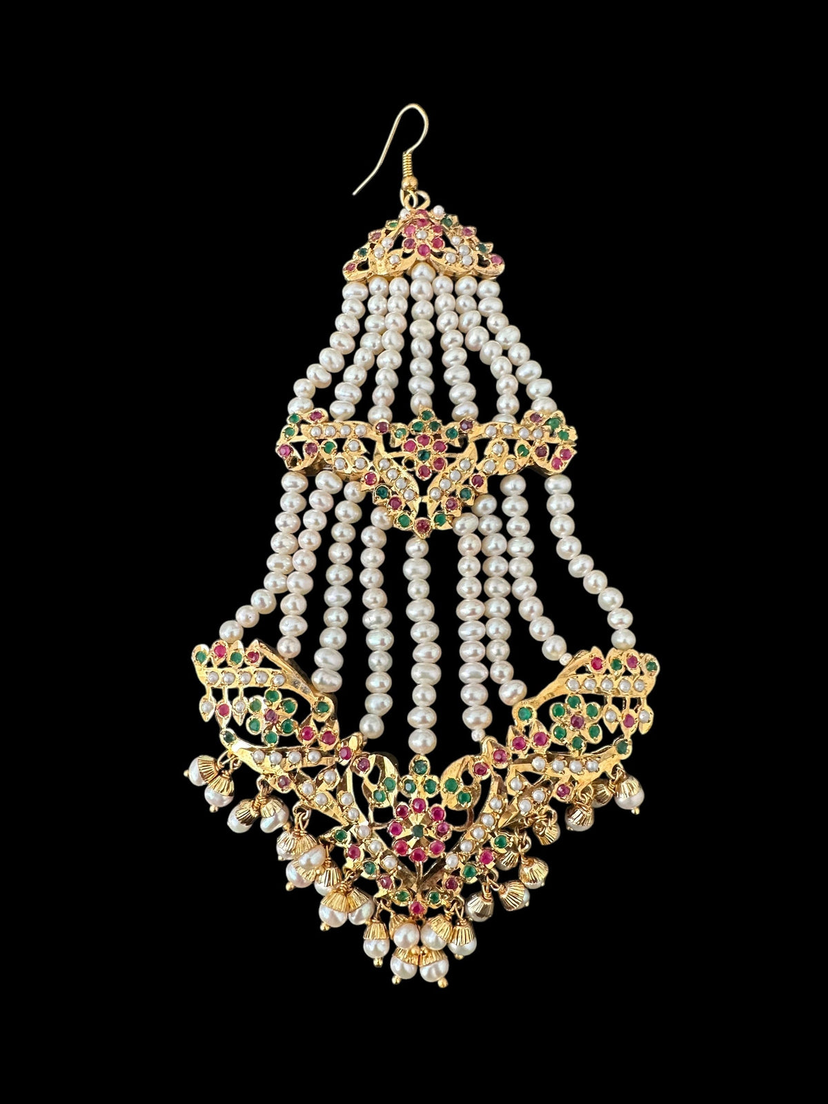 DJHR132 ASMITA jadau jhoomar in ruby emerald with fresh water pearls ( SHIPS IN 3 WEEKS )