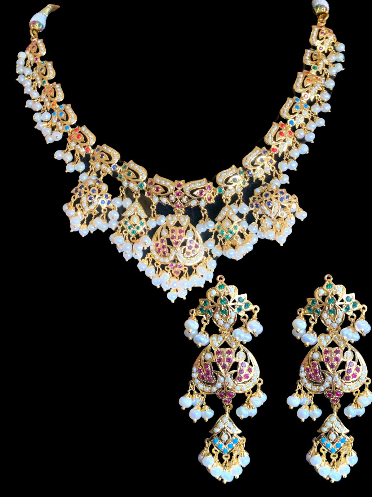 Navratan necklace  set with fresh water pearls in gold plated silver ( READY TO SHIP )