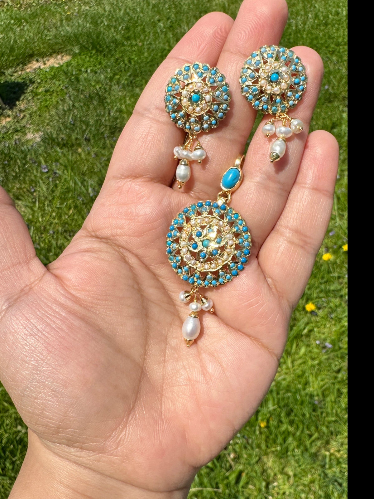 Gold plated silver pendant set in turquoise / feroza ( SHIPS IN 5 WEEKS )