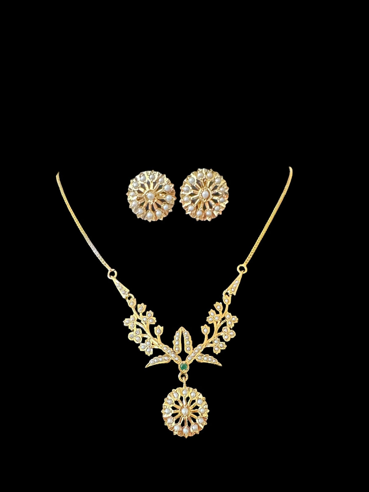 Gold plated silver necklace earrings set in fresh water pearls ( SHIPS IN 5 WEEKS )