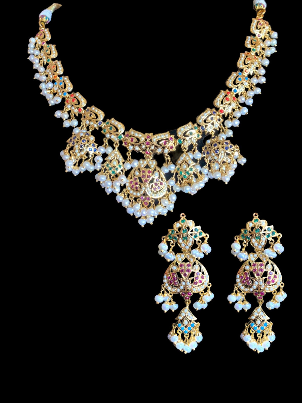 Navratan necklace  set with fresh water pearls in gold plated silver ( READY TO SHIP )