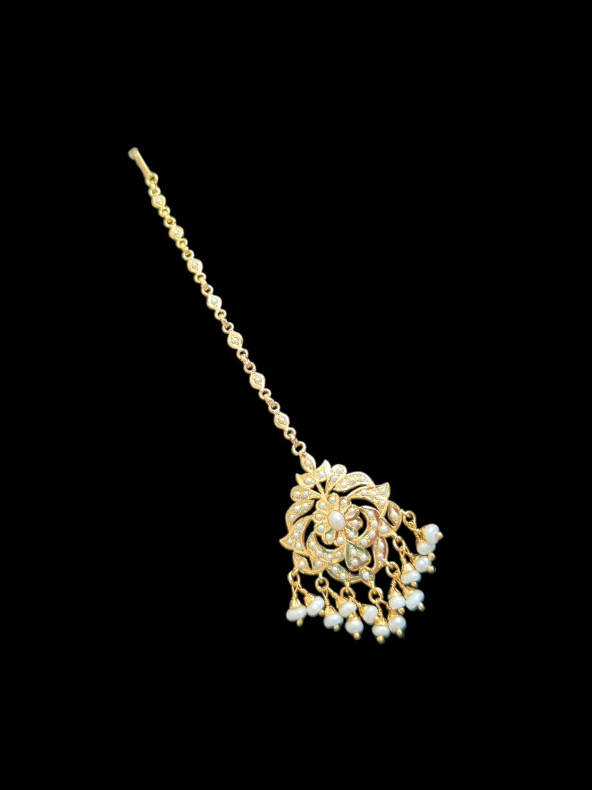 Gold plated silver tikka in fresh water pearls ( SHIPS IN 5 WEEKS )