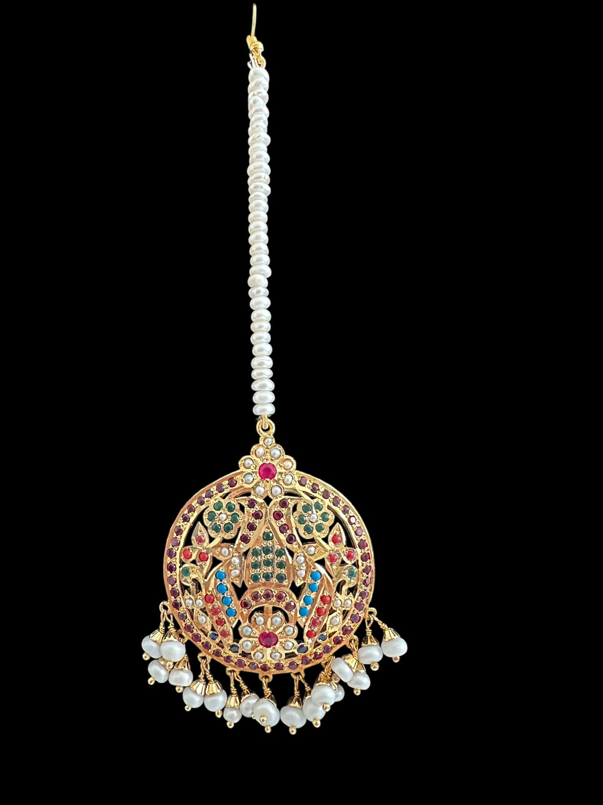 Navratan tika in silver with fresh water pearls - gold plated ( SHIPS INN5 WEEKS )