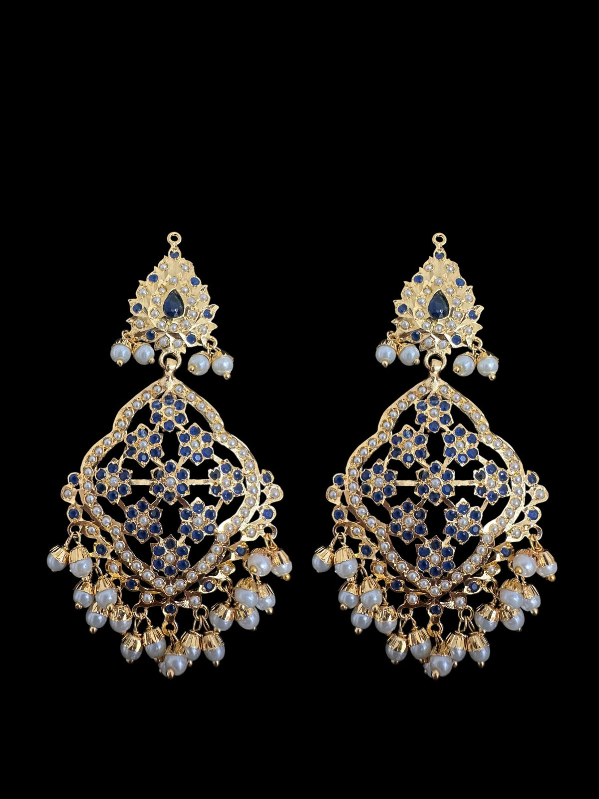 DJET89 Mehru Jadau chandbali earrings tika in sapphire pearls ( READY TO SHIP )