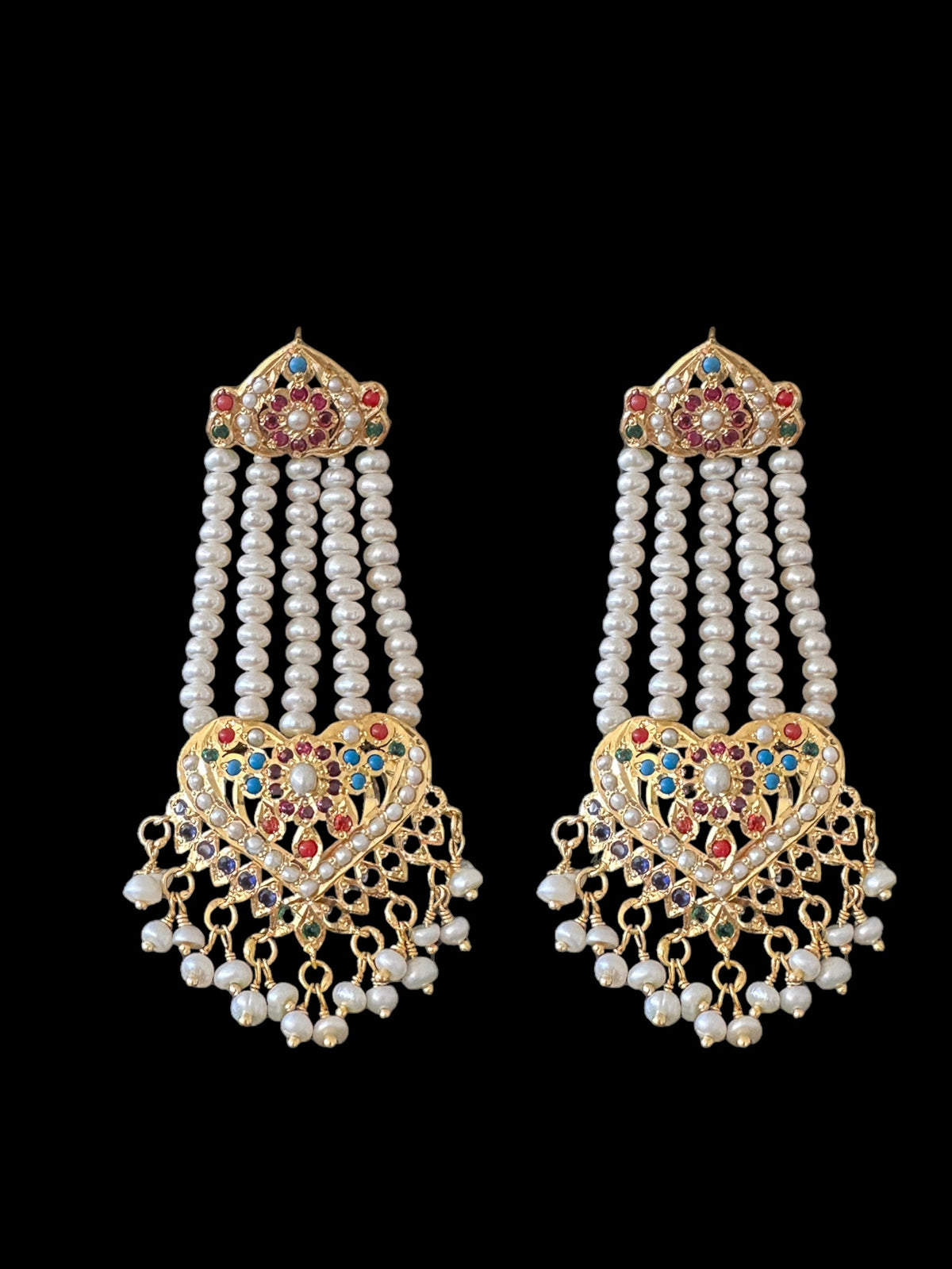 Navratan gold plated silver necklace with earrings in fresh water pearls ( SHIPS IN 5 WEEKS  )
