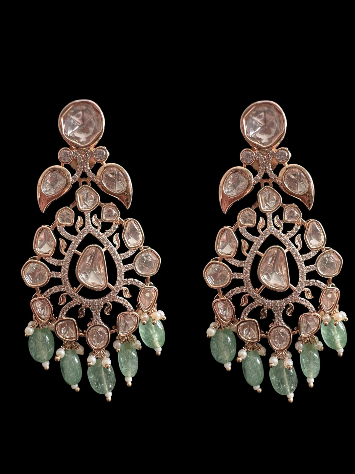 DNS206 Alayna Polki Necklace earrings tika set - light green beads with pearls ( READY TO SHIP )