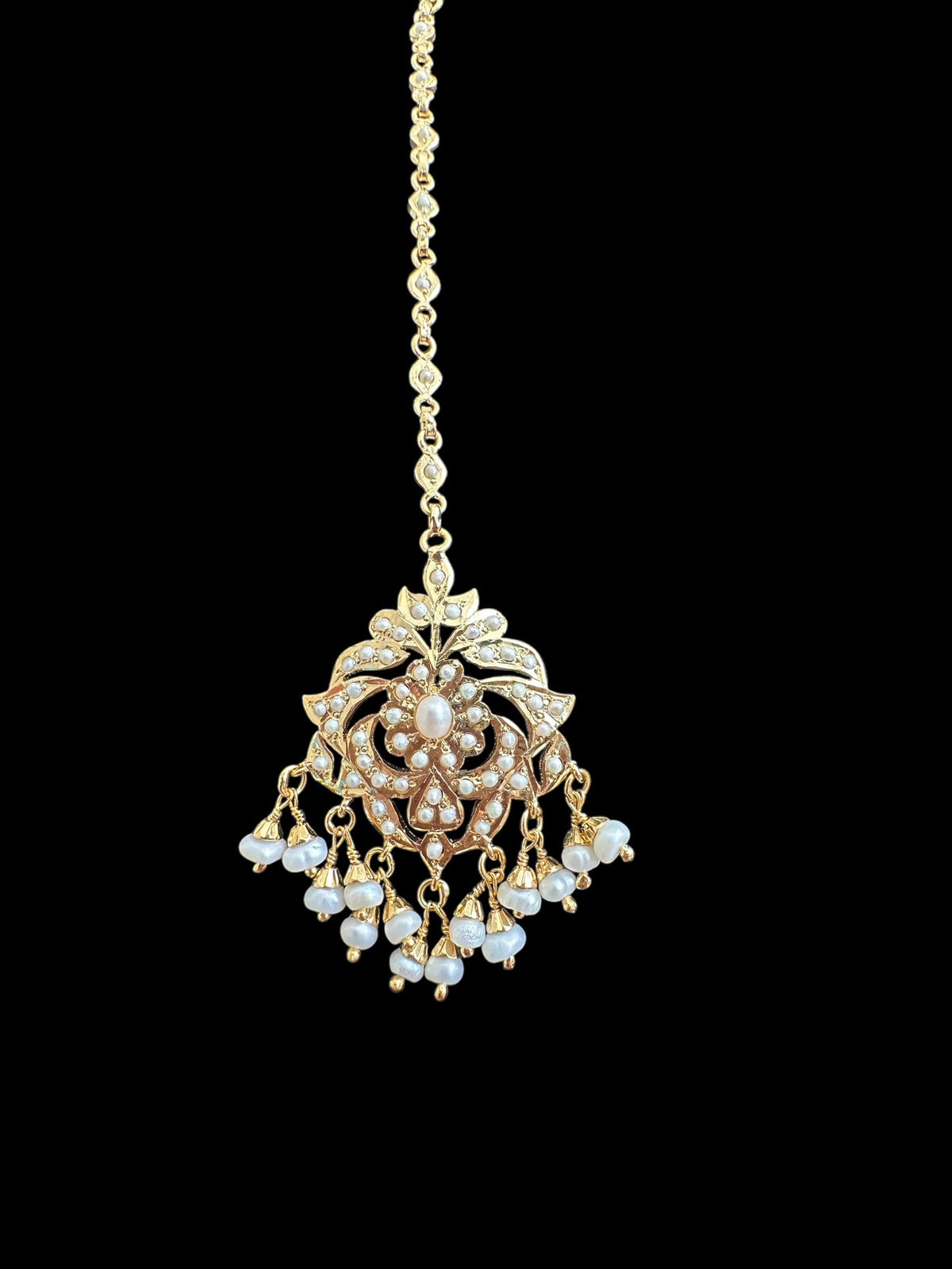Gold plated silver tikka in fresh water pearls ( SHIPS IN 5 WEEKS )