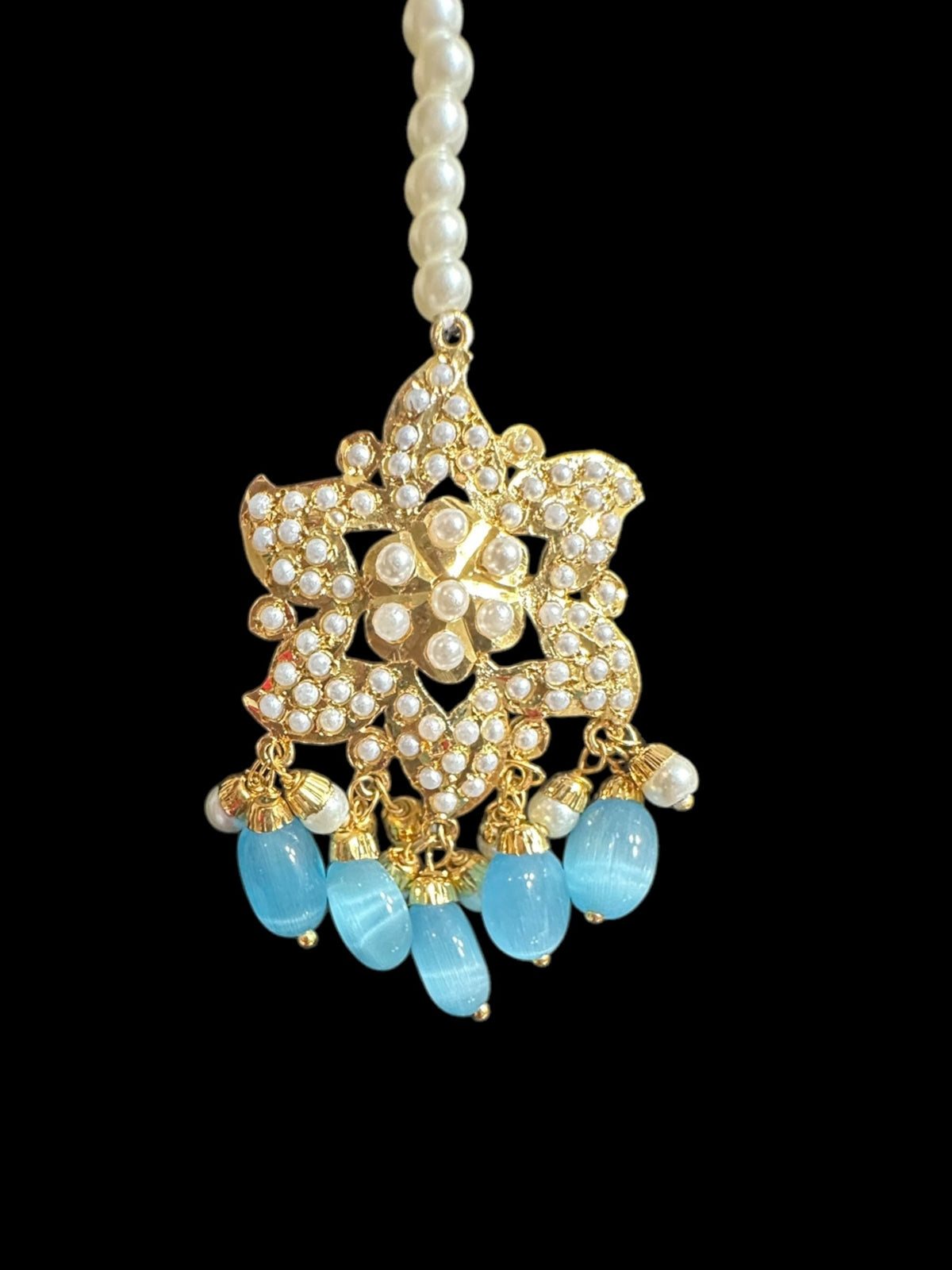DJET65 Iza Jadau tops and tika set in pearls with turquoise blue beads ( READY TO SHIP )