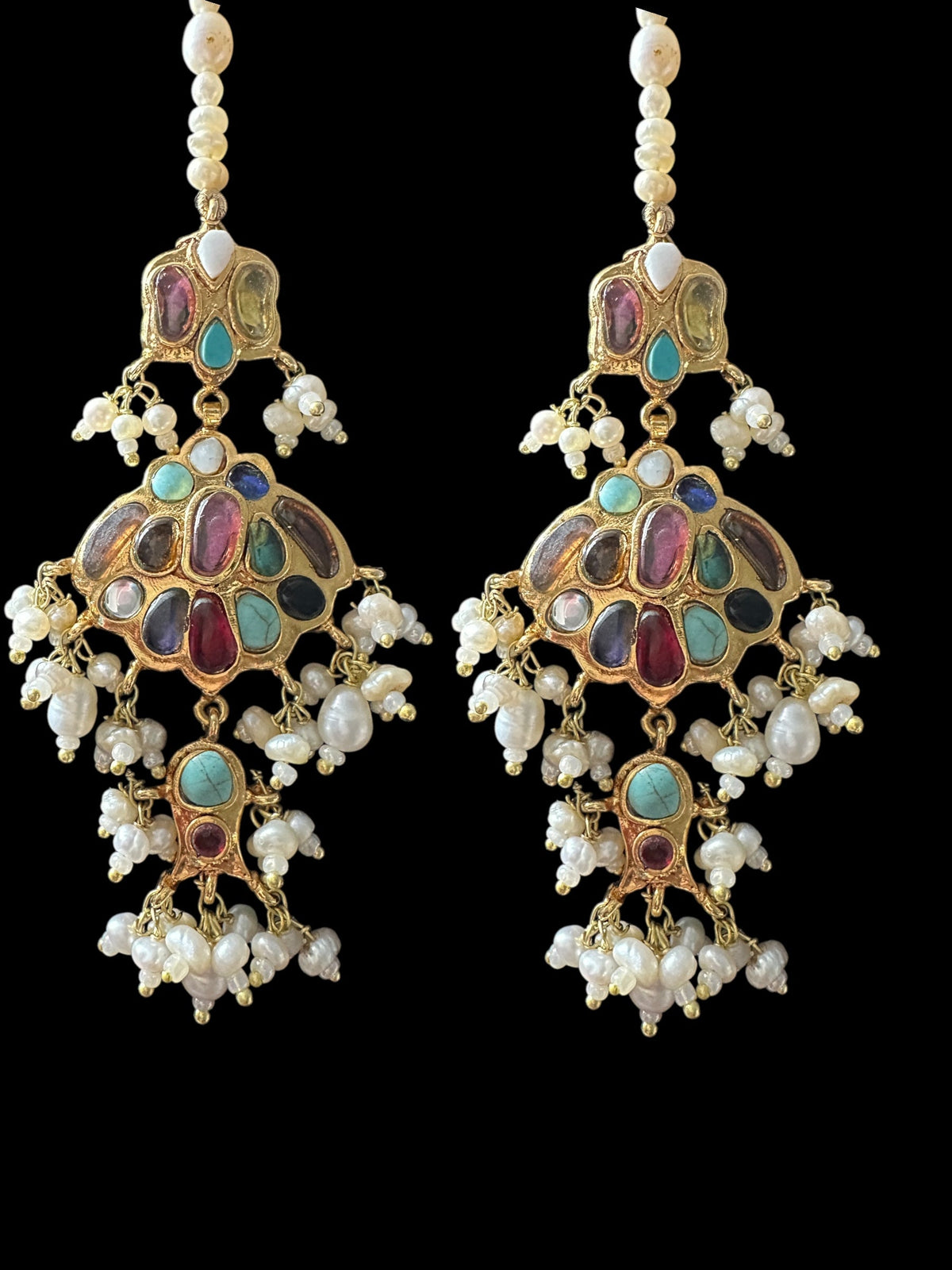 C547 Navratan bridal choker earrings set in fresh water pearls ( READY TO SHIP )