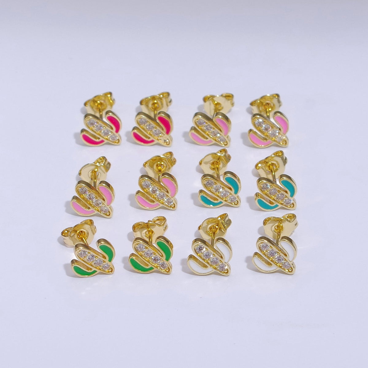 Green, Pink, Red, White Blue Enamel Micro Paved CZ Succulent Cactus Plant Desert Mini Stud Earrings | T145 - T149