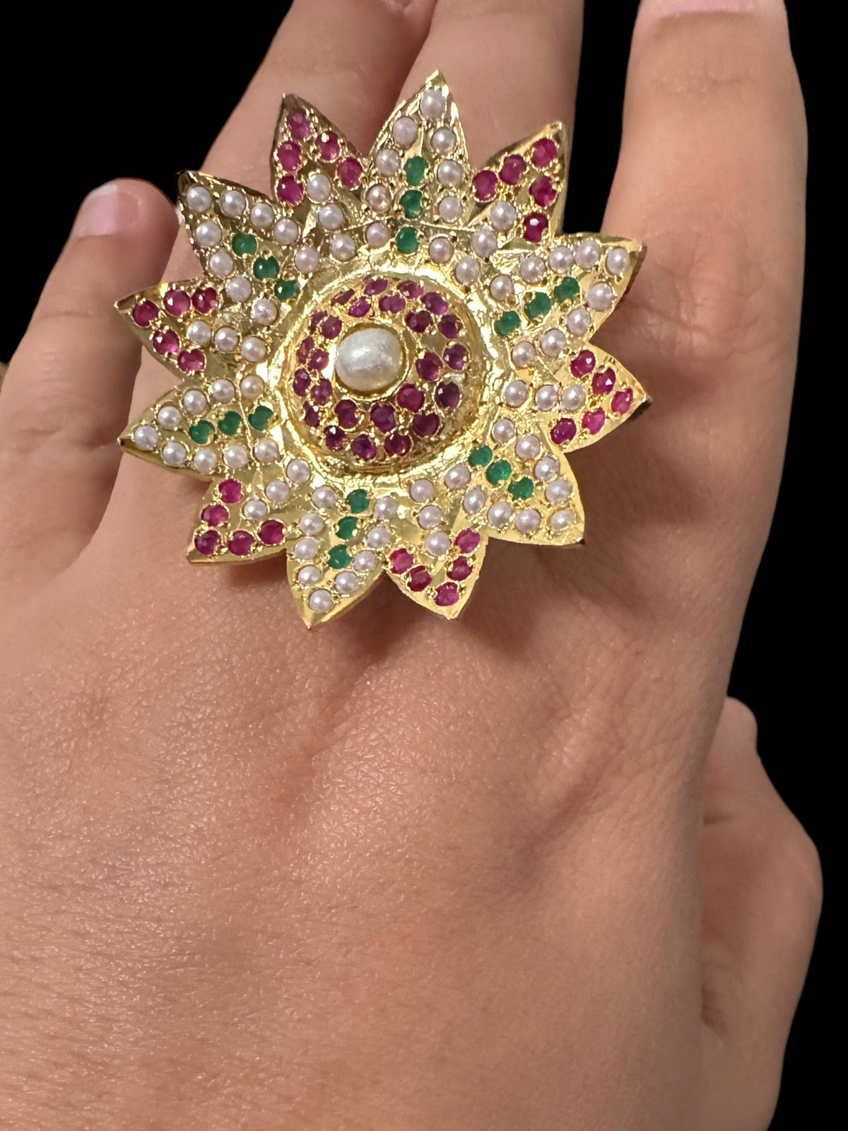 DJR112 Jadau ring -  ruby emerald pearl    ( READY TO SHIP )