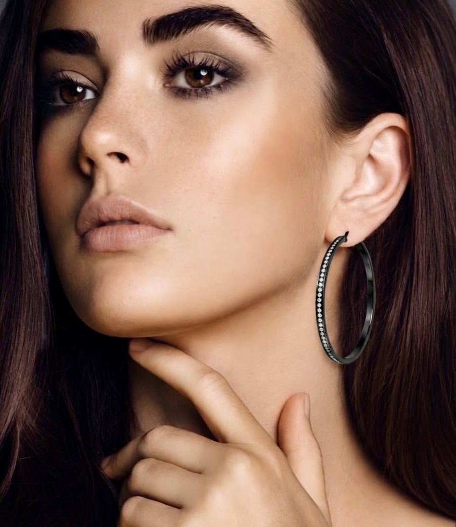 ER322B B.Tiff Black Pavé 146-Stone Big Hoop Earrings