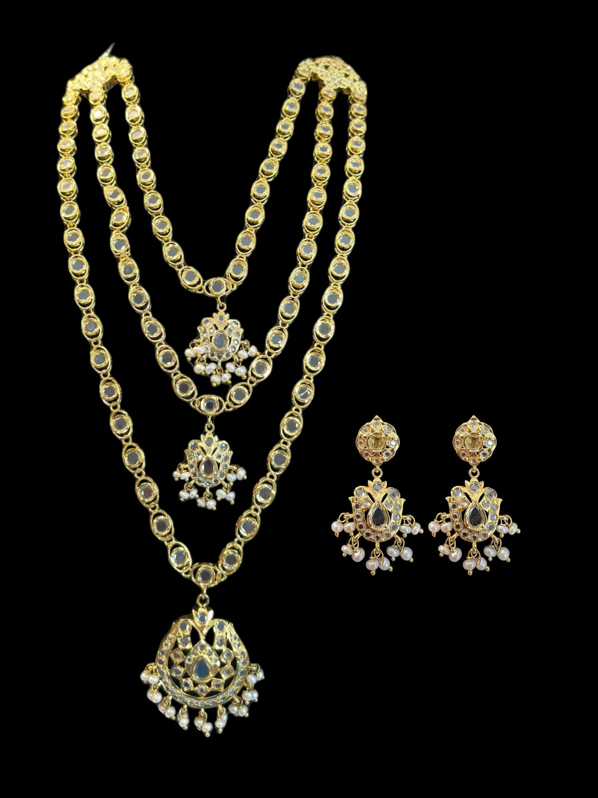 SAT105 Mallika hyderabadi three layer necklace set in fresh water pearls ( READY TO SHIP )