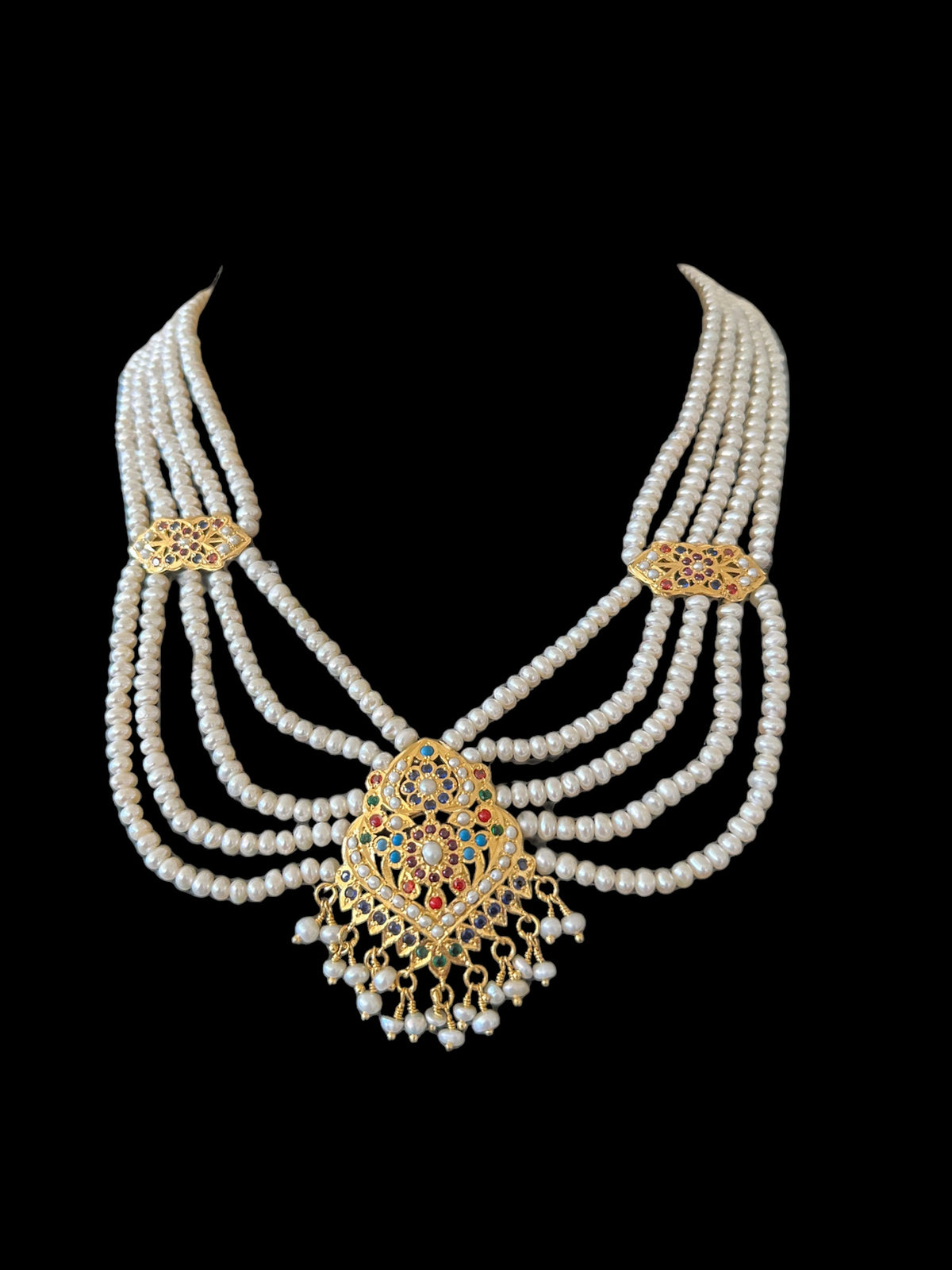 Navratan gold plated silver necklace with earrings in fresh water pearls ( SHIPS IN 5 WEEKS  )