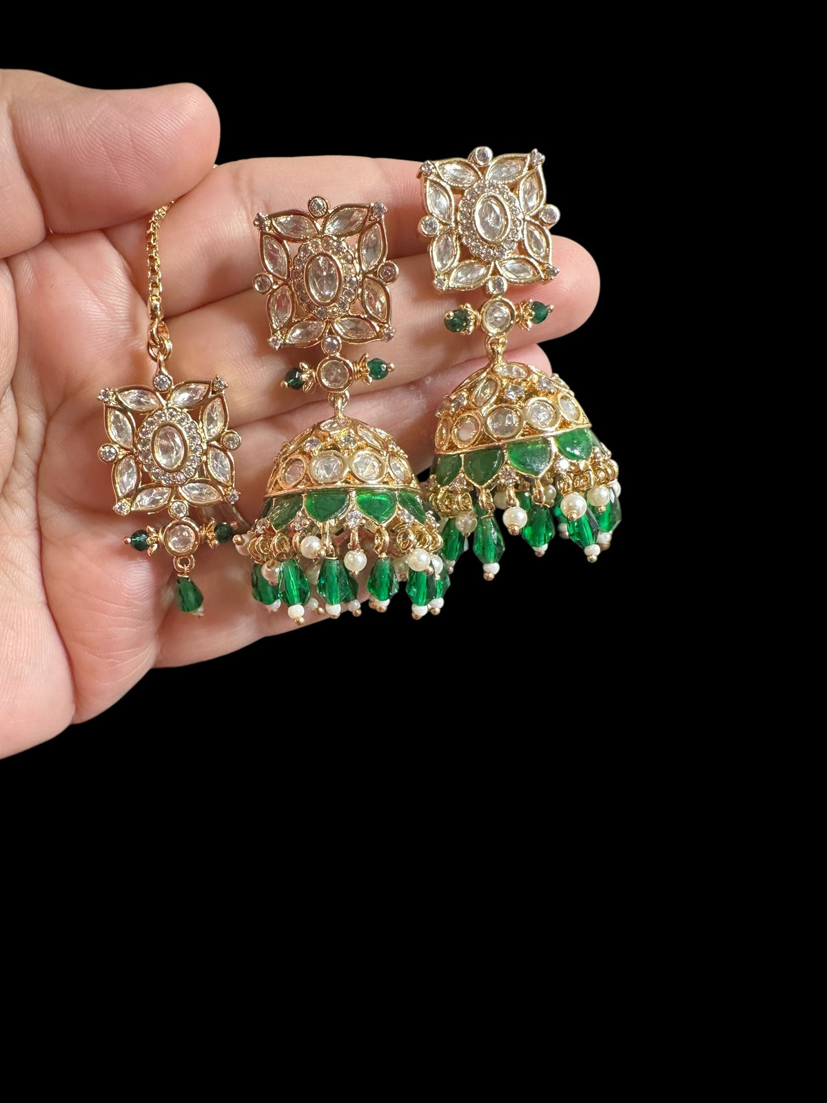 DJET69 Kaheesha Polki jhumka and tika set in green ( READY TO SHIP )