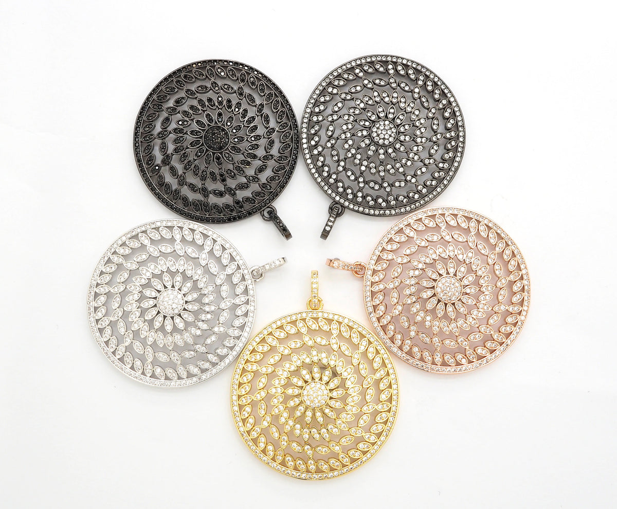 40mm Large CZ Micro Pave Hollow out Filigree Round Disc Pendant, Cubic Zirconia Rose Gold/Gold/Silver/Black Focal Pendant, 40x43mm, F498C
