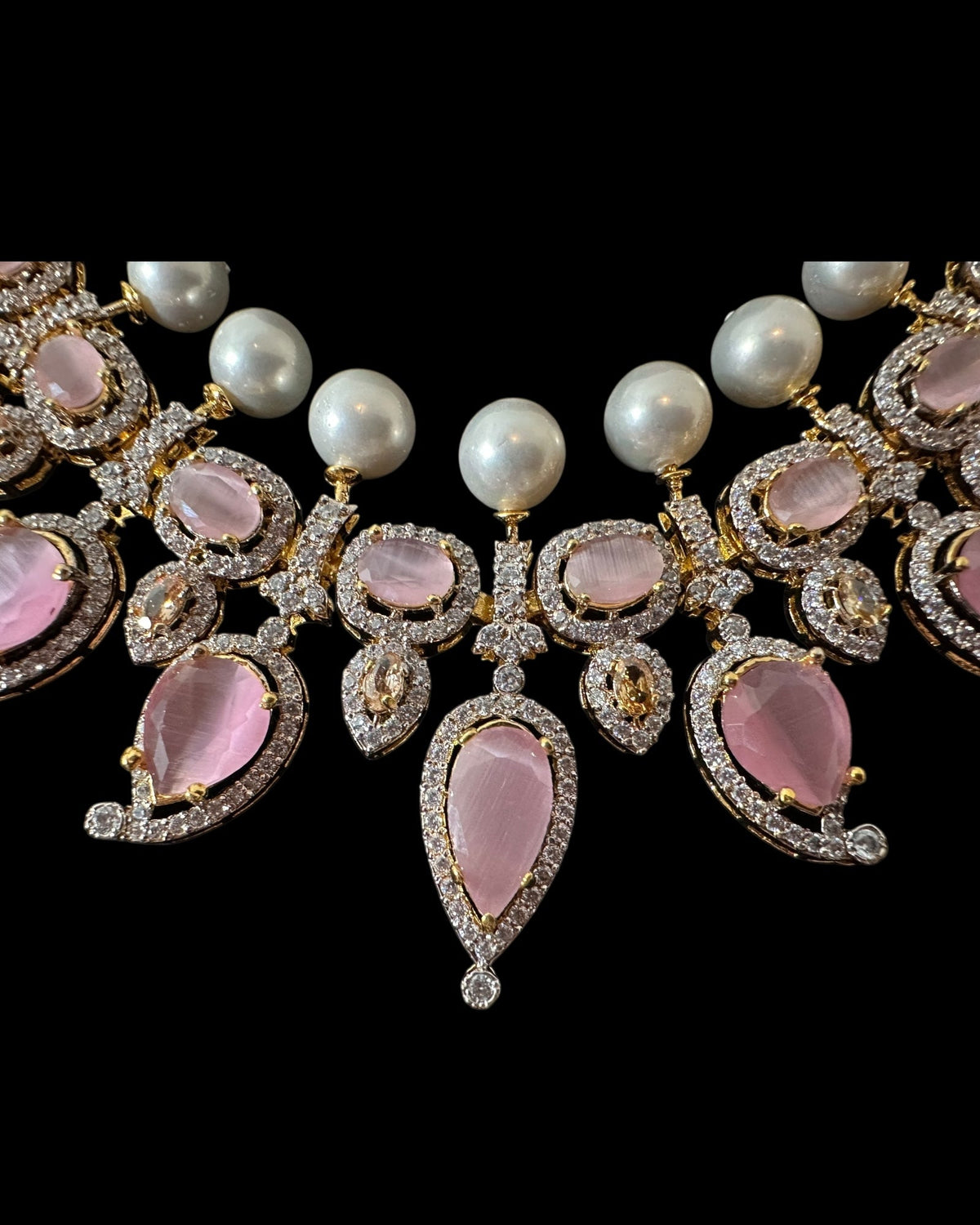 BR462  Anmol necklace set in pink( rose quartz ), Cats eye and pearls ( READY TO SHIP )