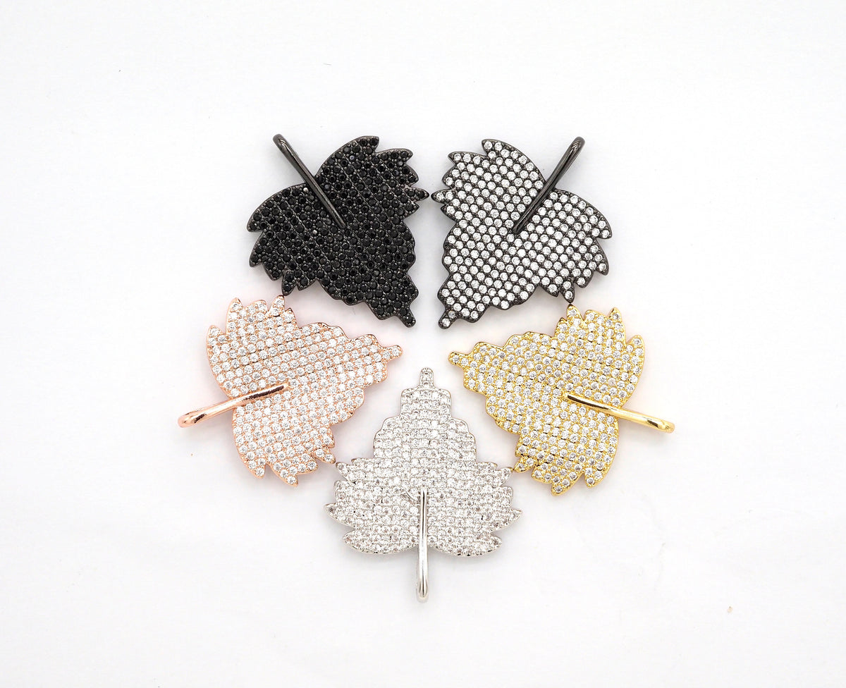 CZ Clear Micro Pave Leaf Charm Pendant, Leaf Shaped Pave Pendant, Gold/Rose Gold/Silver/Gunmetal plated, 31x36mm, Sku#F507