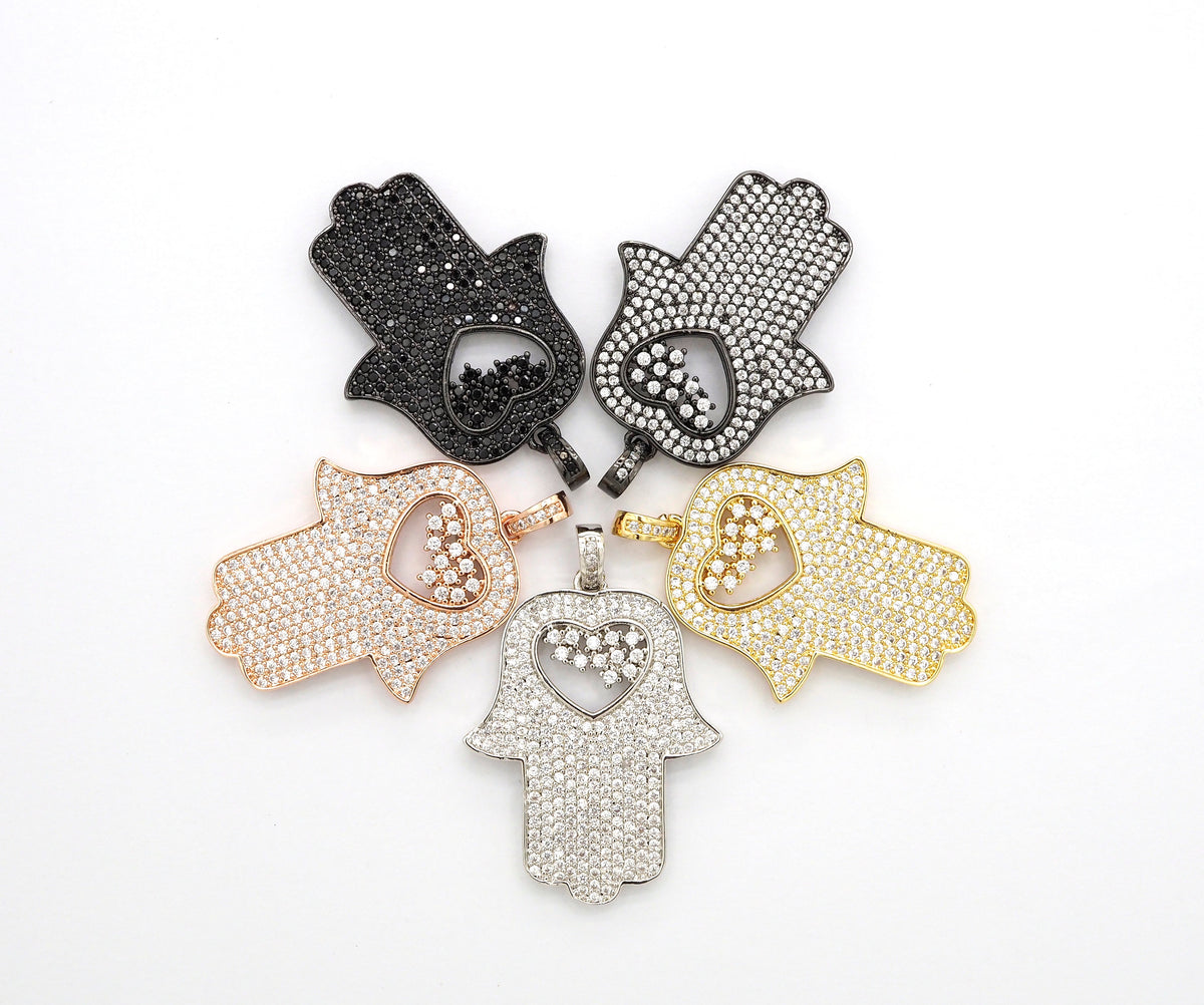 CZ Micro Pave Hamsa Hand with Heart Pendant, Cubic Zirconia Large Hamsa hand Pendant, Gold/Silver/Black/Rose Gold 27x35mm,SKU#F521