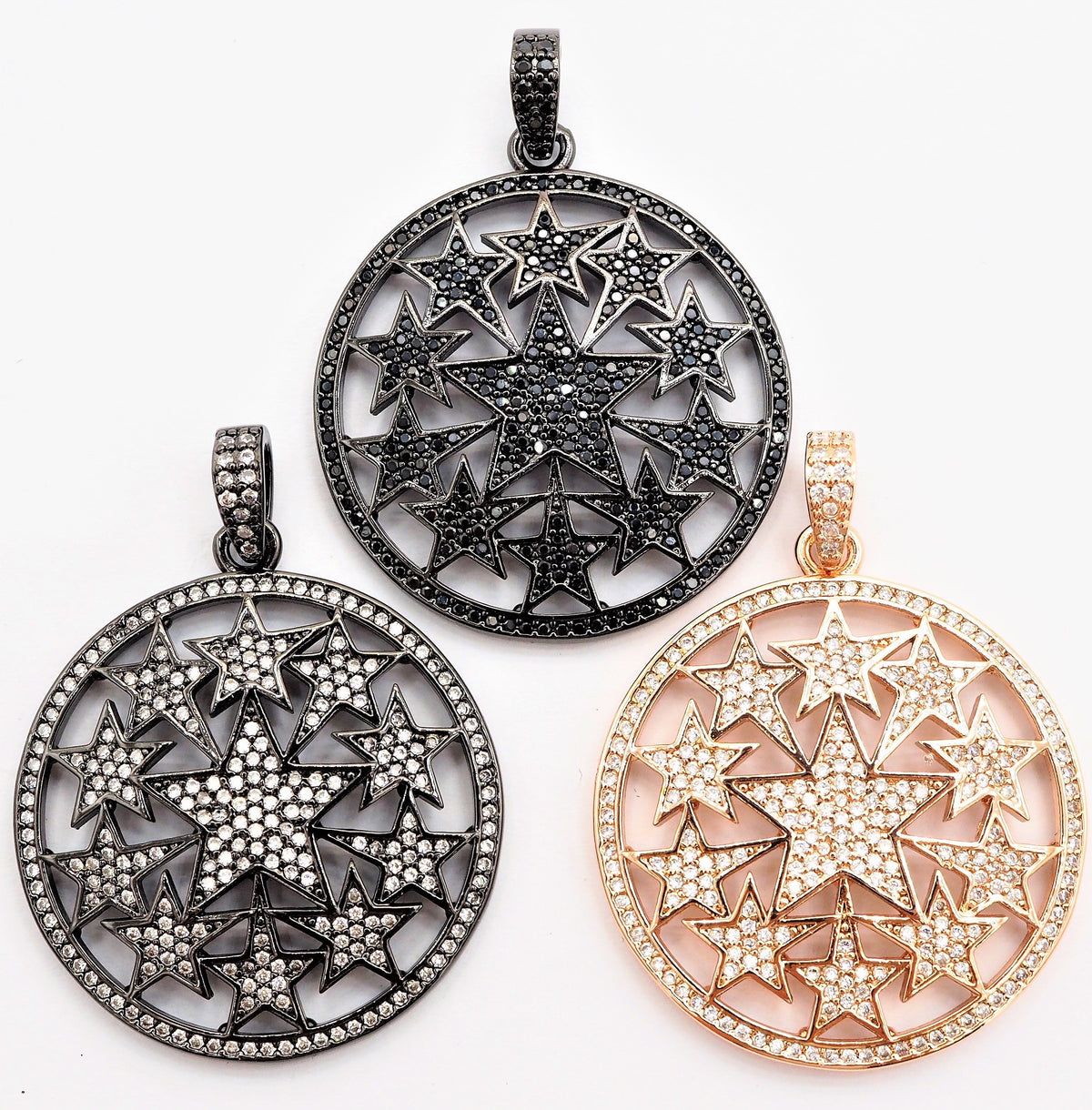 30mm Large CZ Micro Pave Hollow out Star Disc Pendant, Cubic Zirconia Filigree Rose Gold/Gold/Silver/Black Focal Pendant, 33x37mm, F547
