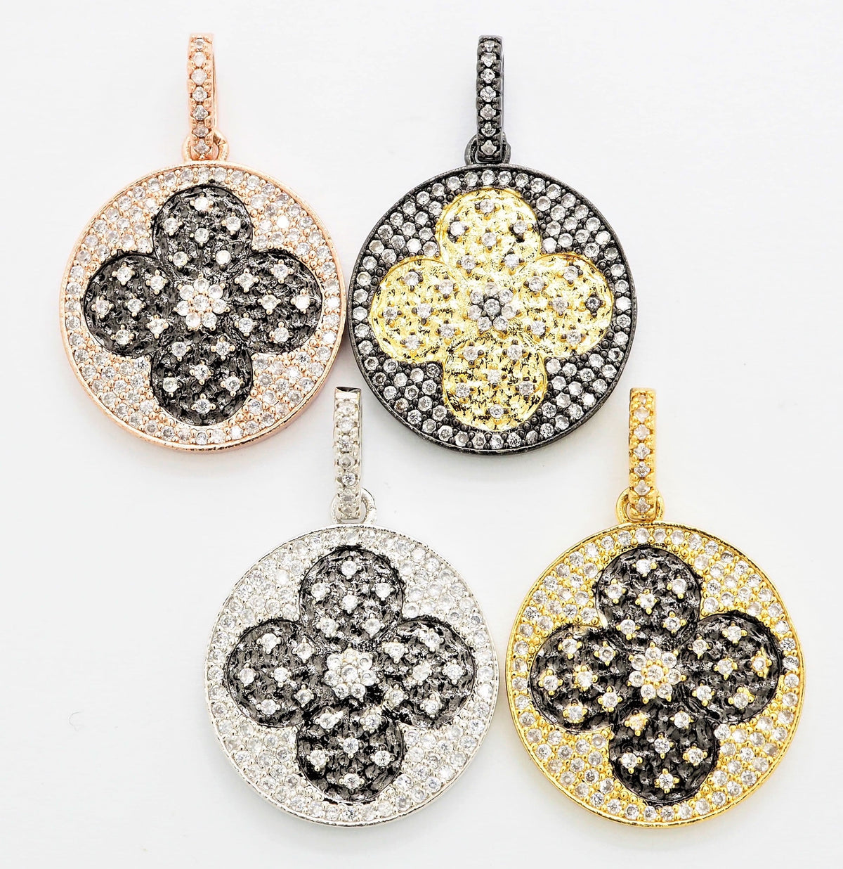 19mm/38mm CZ Dual Color Clover Flower Round Charm, Sku#F549c