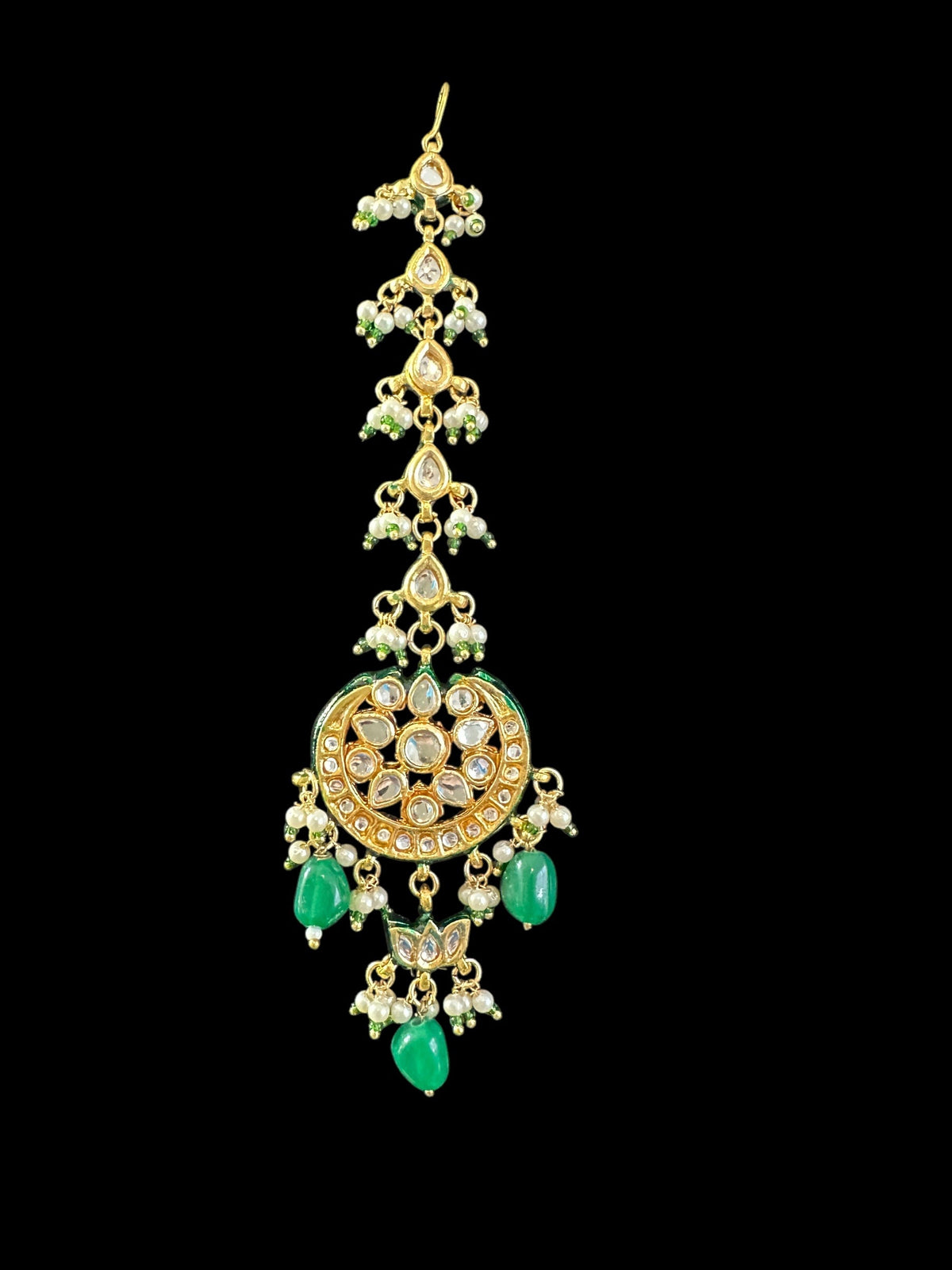 DJET78 Irina earrings tika set in kundan with green beads ( READY TO SHIP )