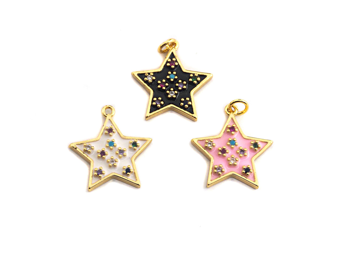Colorful CZ on Star Enamel Pendant, Star Enamel Charm Pendant, White/Black/Blue/Red/Pink/Turquoise Star,20x21mm,sku#F934
